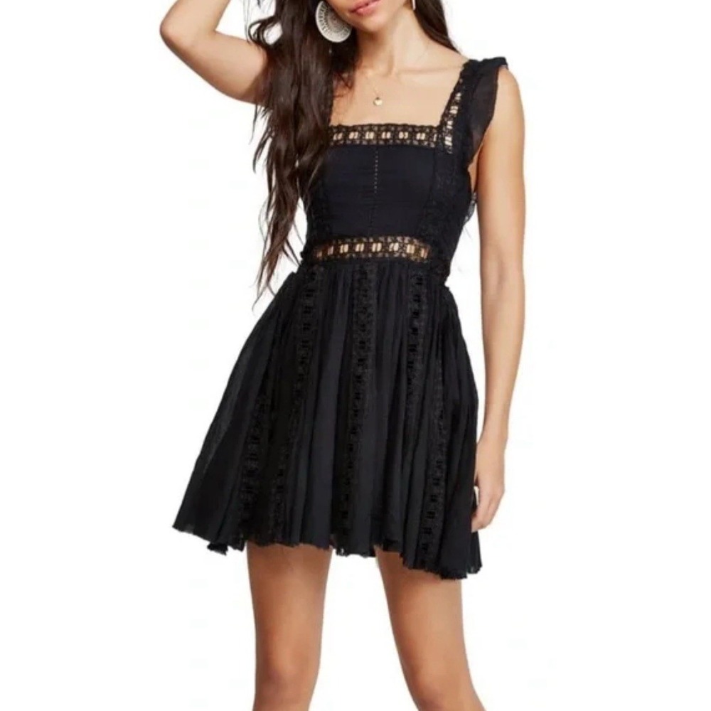 Free People Black Lace-Trim Mini Dress